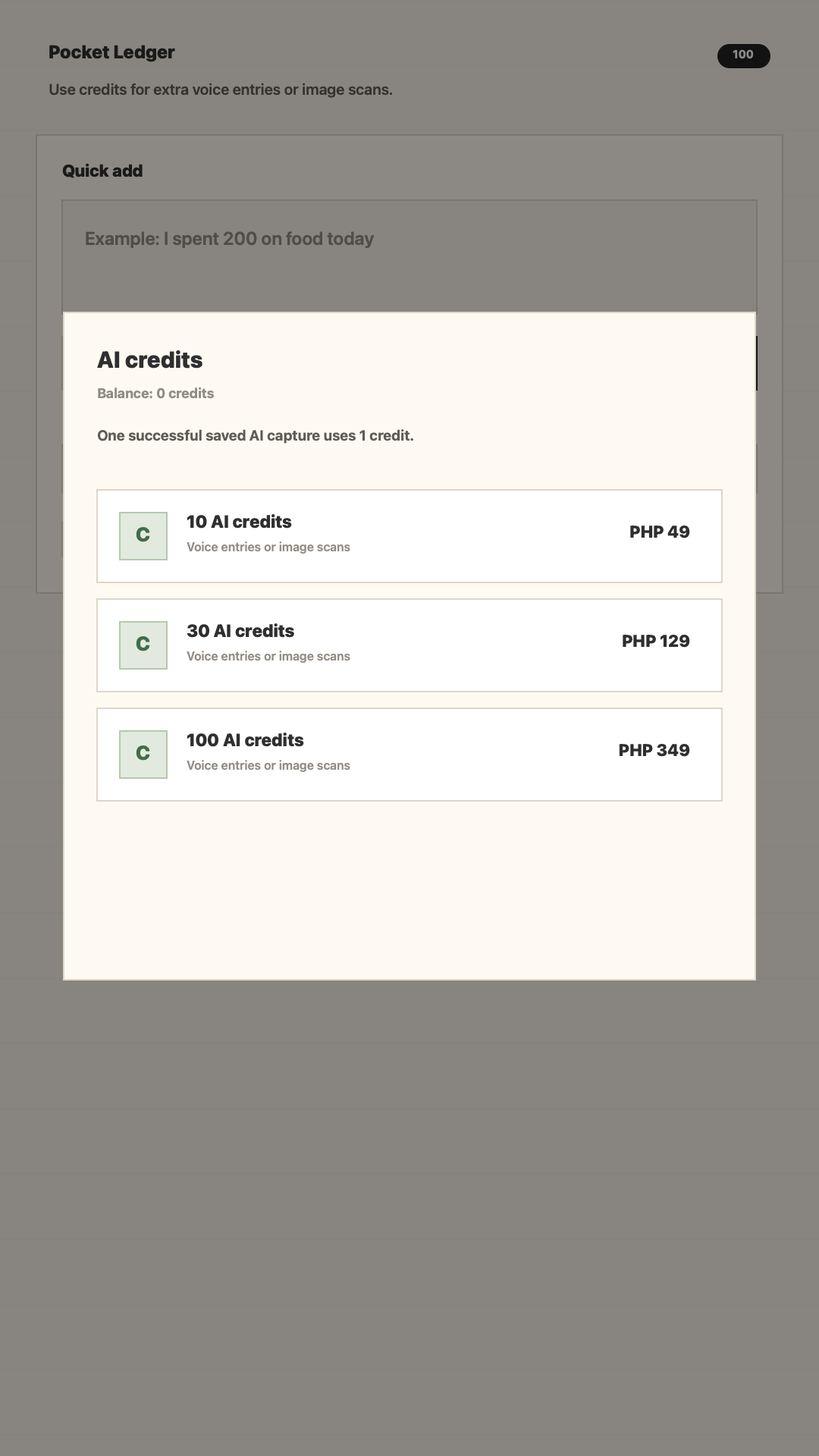Pocket Ledger AI credit packs for extra voice entries and image scans.