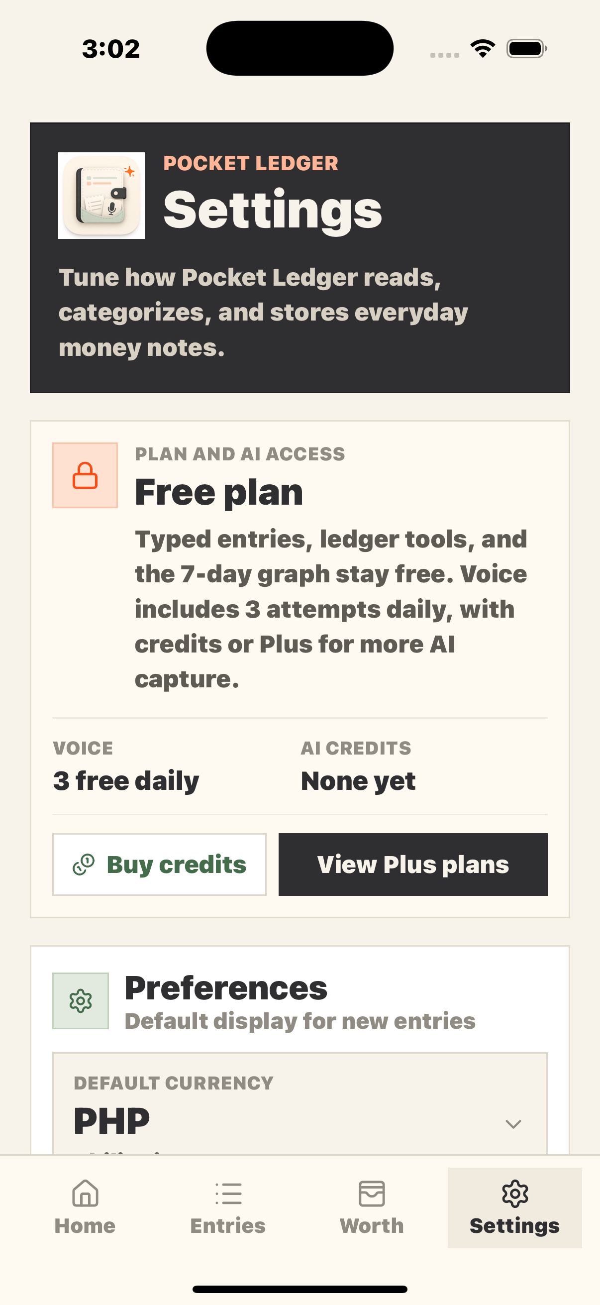 Pocket Ledger Settings with free voice attempts, AI credits, Plus plans, and currency preferences.