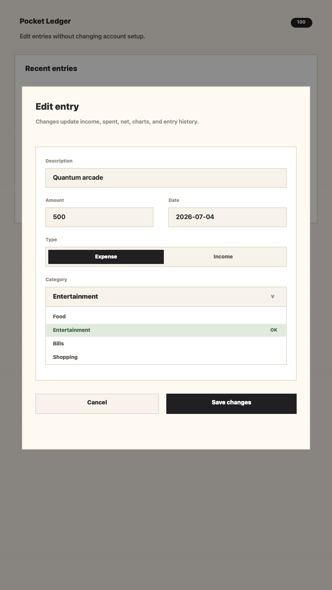 Pocket Ledger edit entry form with a category dropdown.