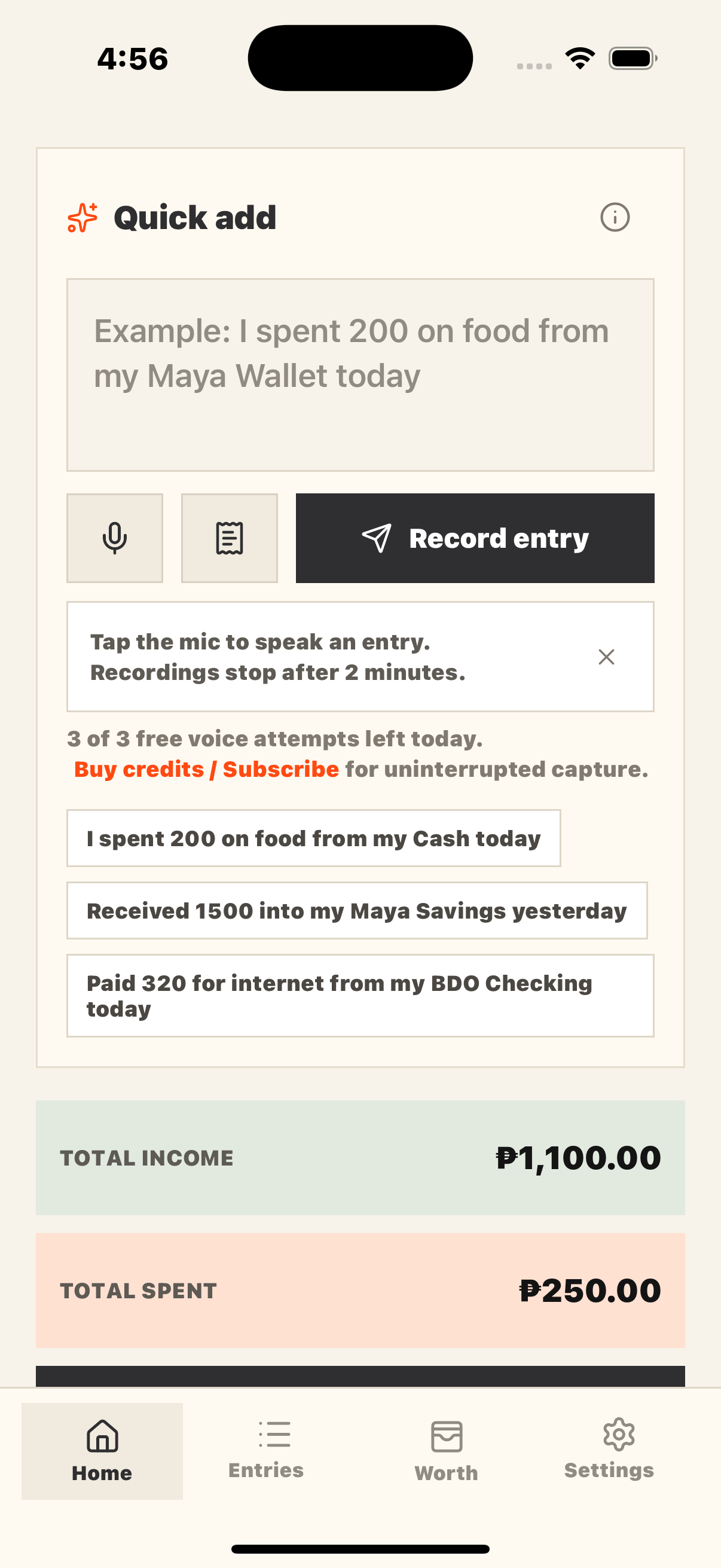 Pocket Ledger Home screen with typed, voice, and image Quick Add plus income and spending summaries.