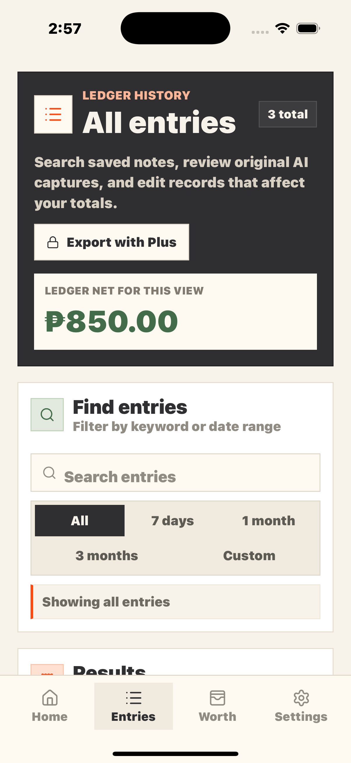 Pocket Ledger history with search, date filters, current-view net, and Excel export.