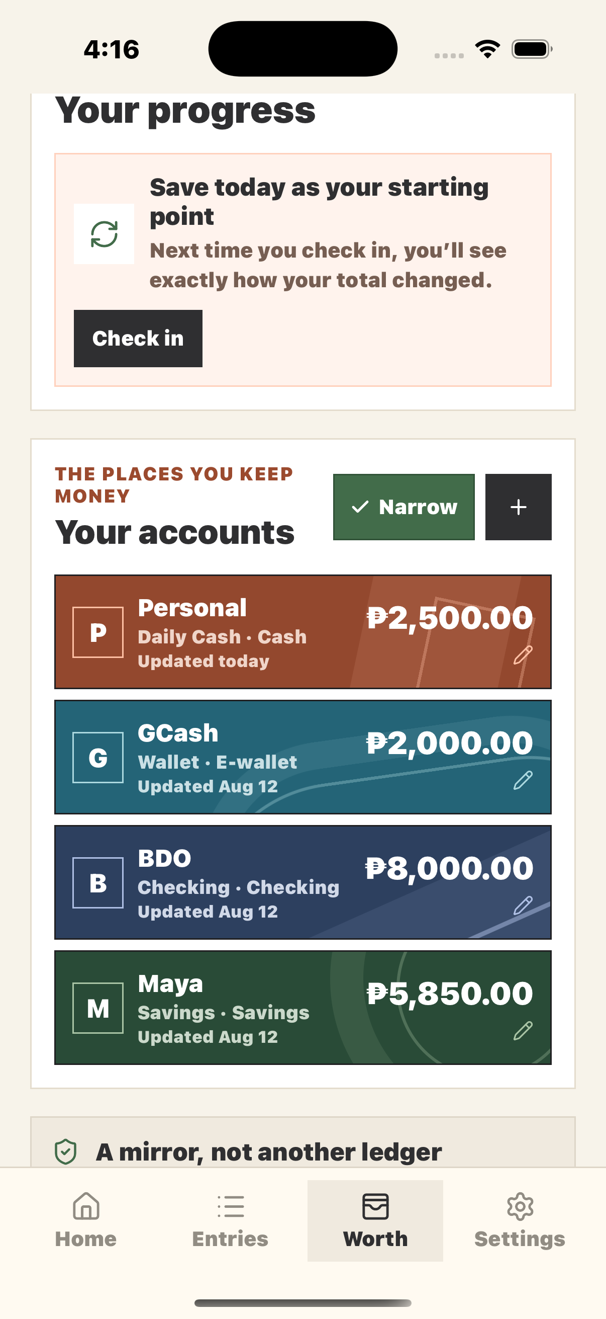 Pocket Ledger Worth screen showing money check-ins and multiple accounts in card-inspired Narrow view.