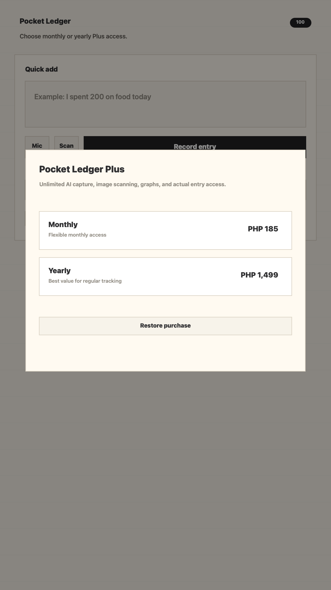 Pocket Ledger Plus plan selector with monthly and yearly options.