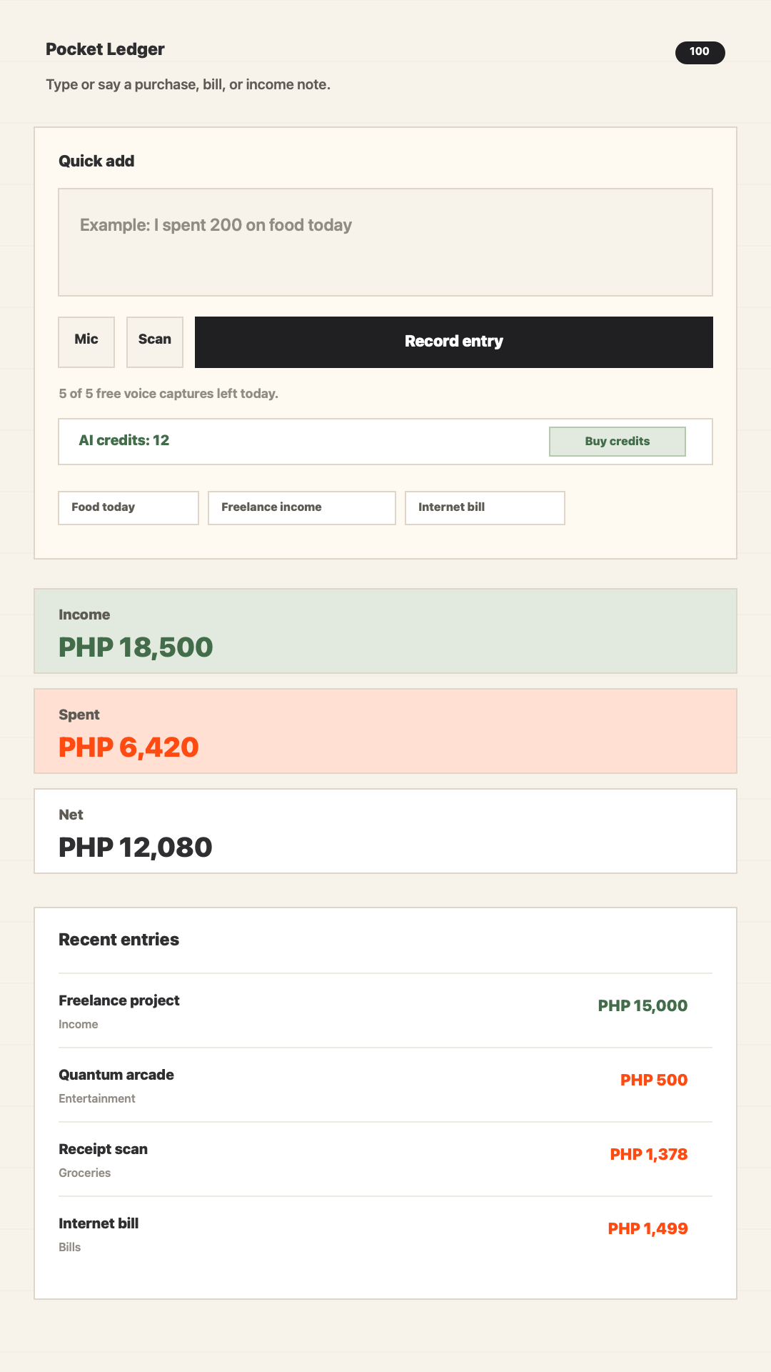 Pocket Ledger quick add screen with income, spent, and net summaries.